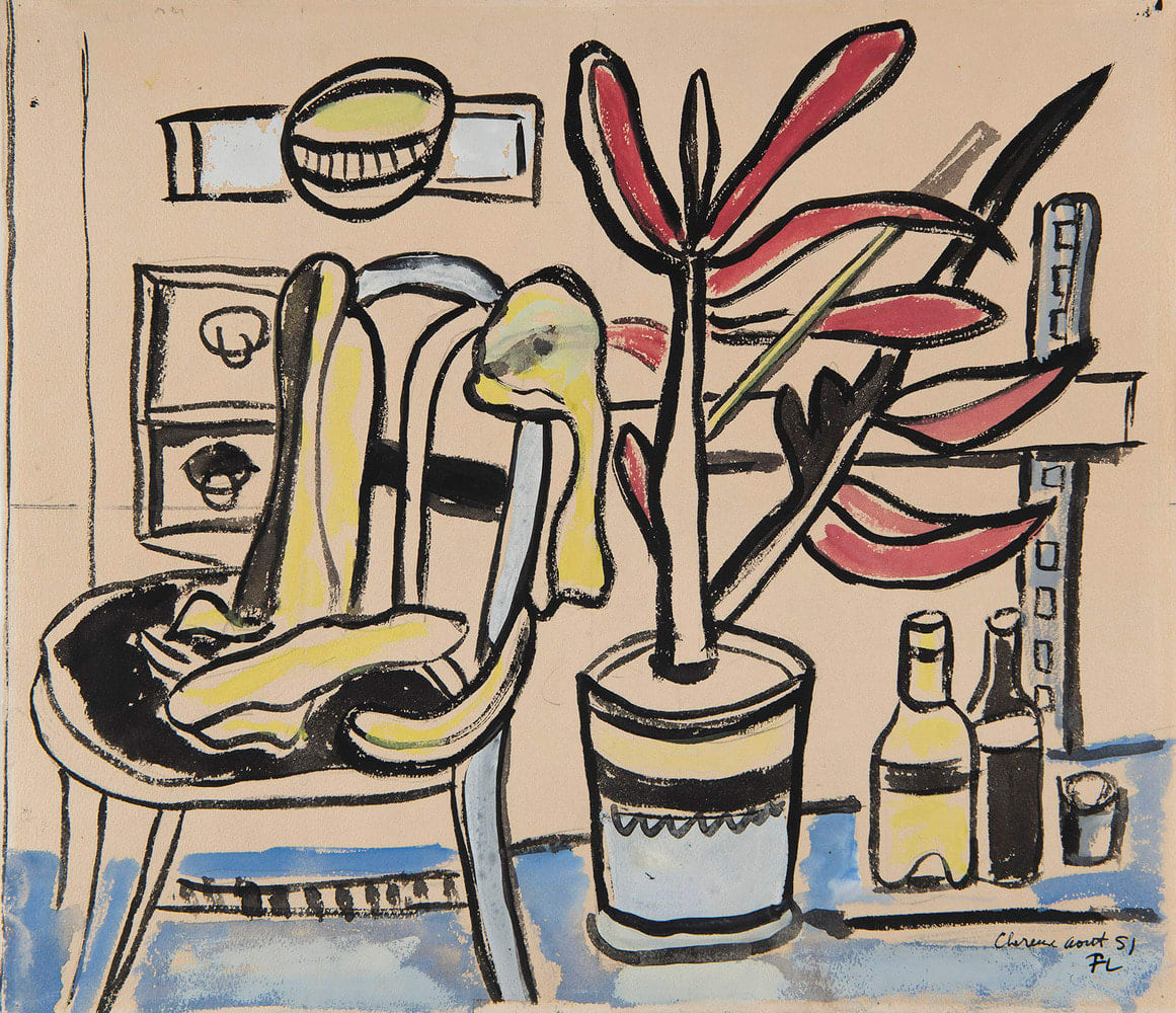 FERNAND LÉGER, Une chaise, un pot de fleurs, deux bouteilles, 1951