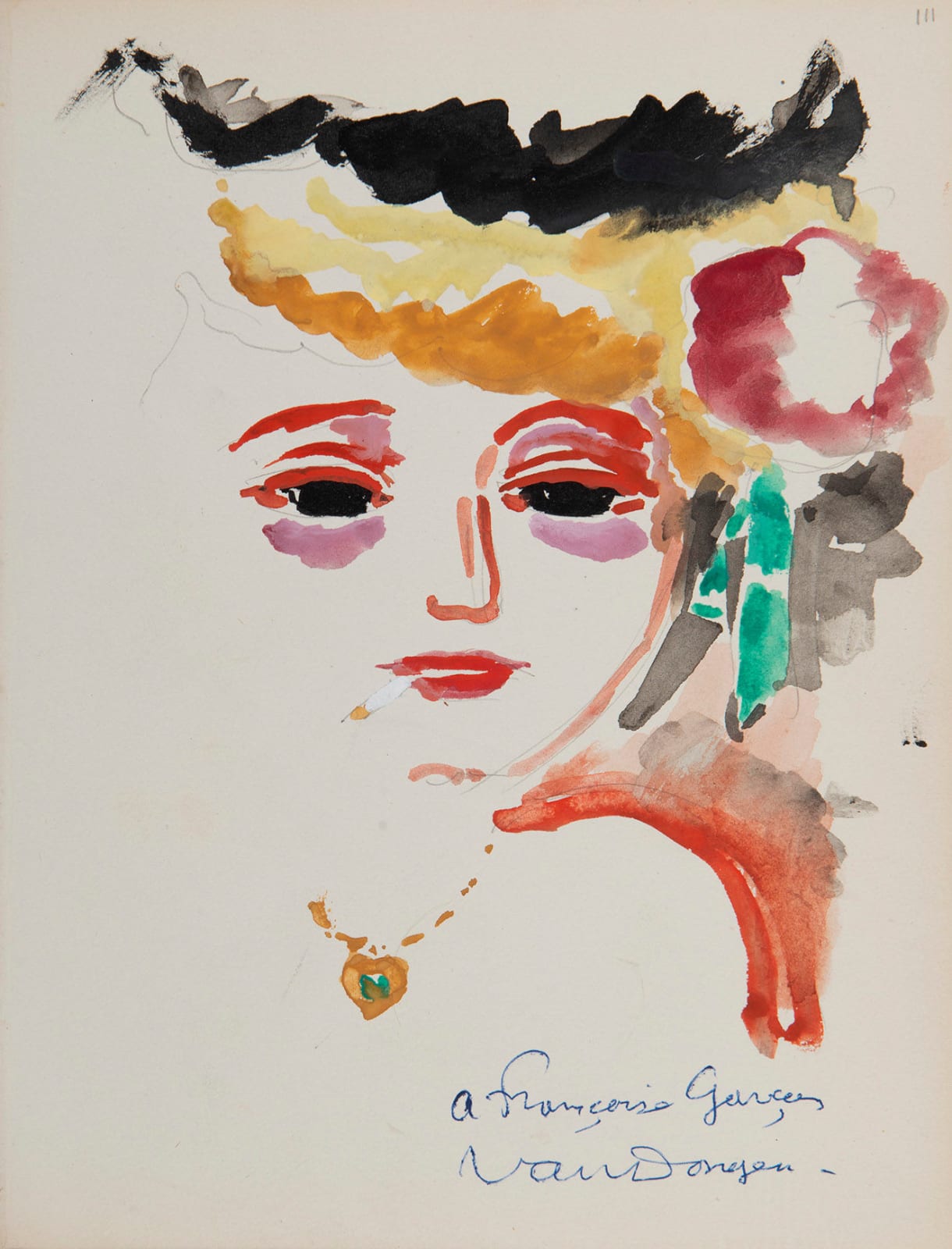 KEES VAN DONGEN, Portrait de Femme à la Cigarette, circa 1949, Aquarelle, encre noire et gouache sur traits de crayon sur papier