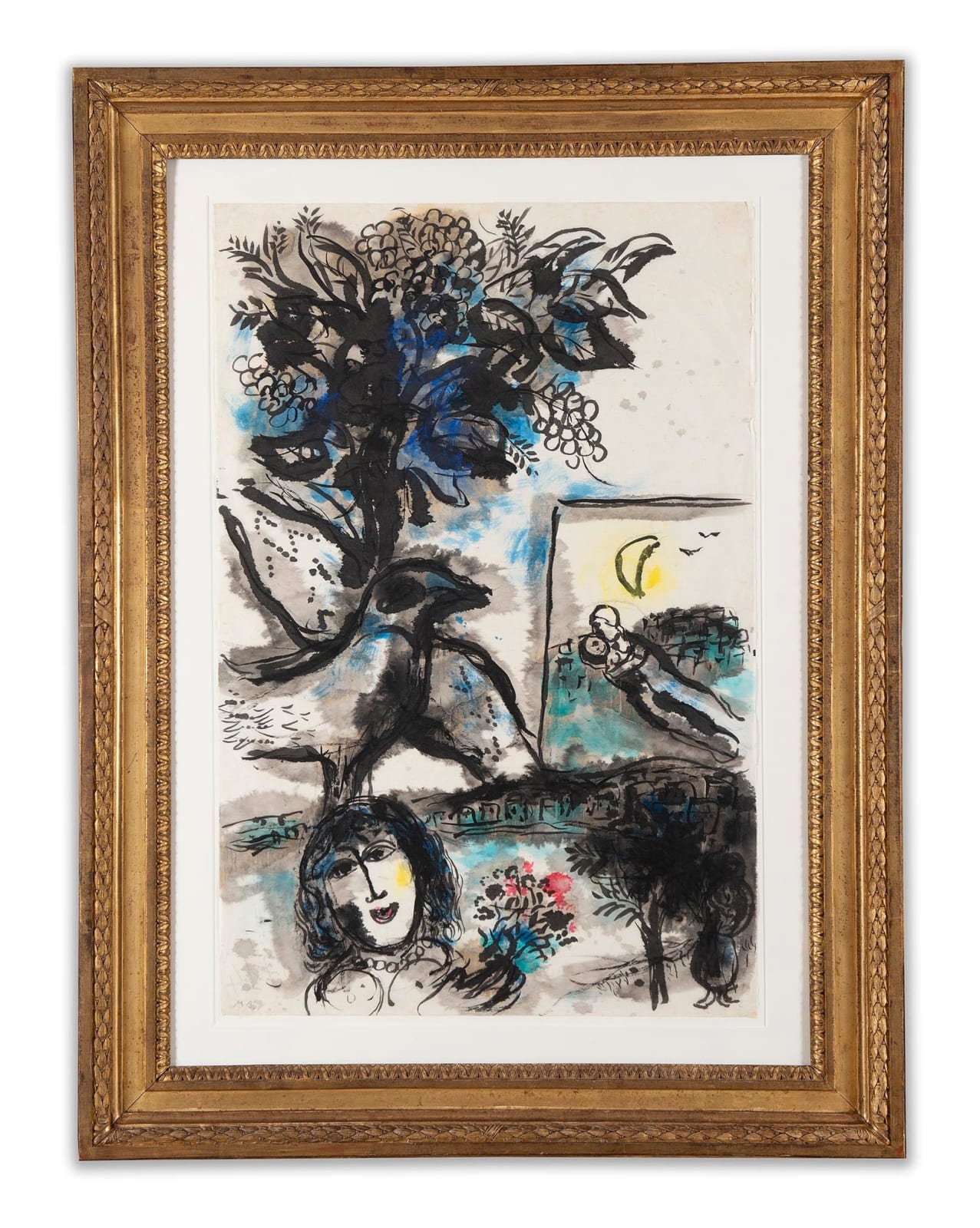MARC CHAGALL: L' Oiseau À La Branche De Vigne Au-dessus De La Baie Animée, 1961, Lavis d'encre de Chine, gouache et graphite sur papier Japon