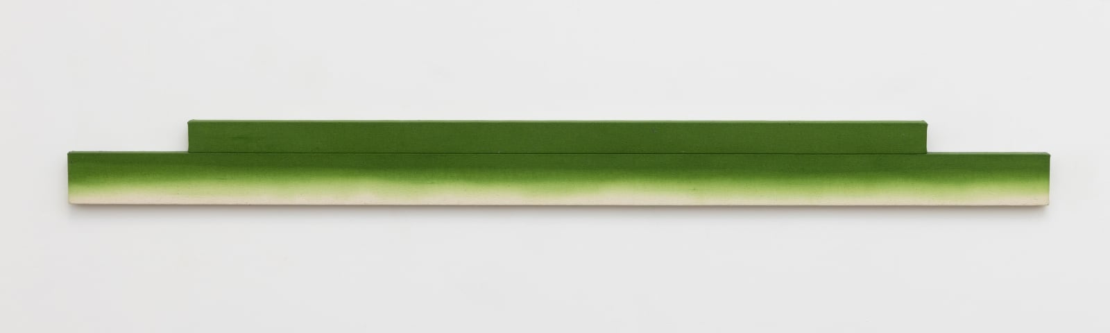 Horizontal shaped canvas painting stretched on two wooden bars varying in length and colors of grassy green and cream.