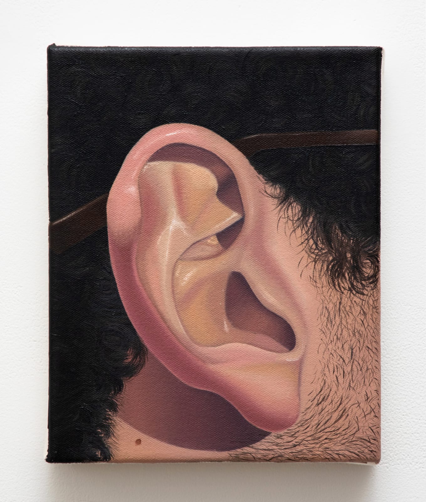 Painting portraying a close-up view of a male’s right ear in the center of the composition.