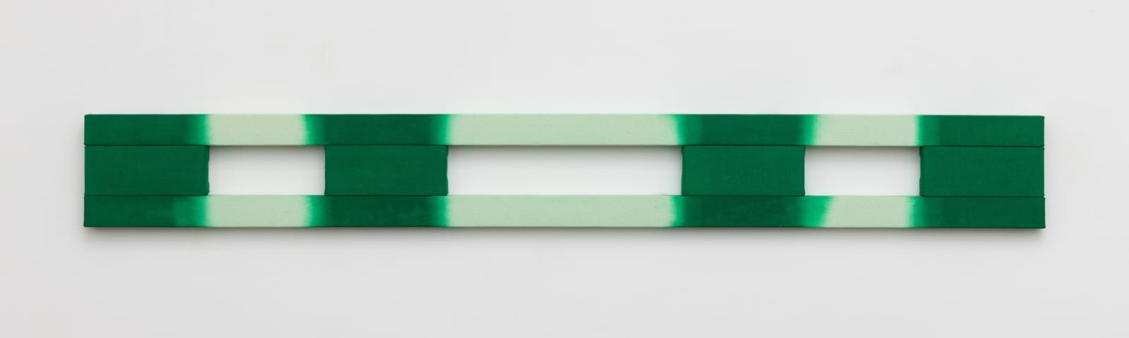 Horizontal shaped canvas painting stretched on six wooden bars varying in length and colors of green and white.