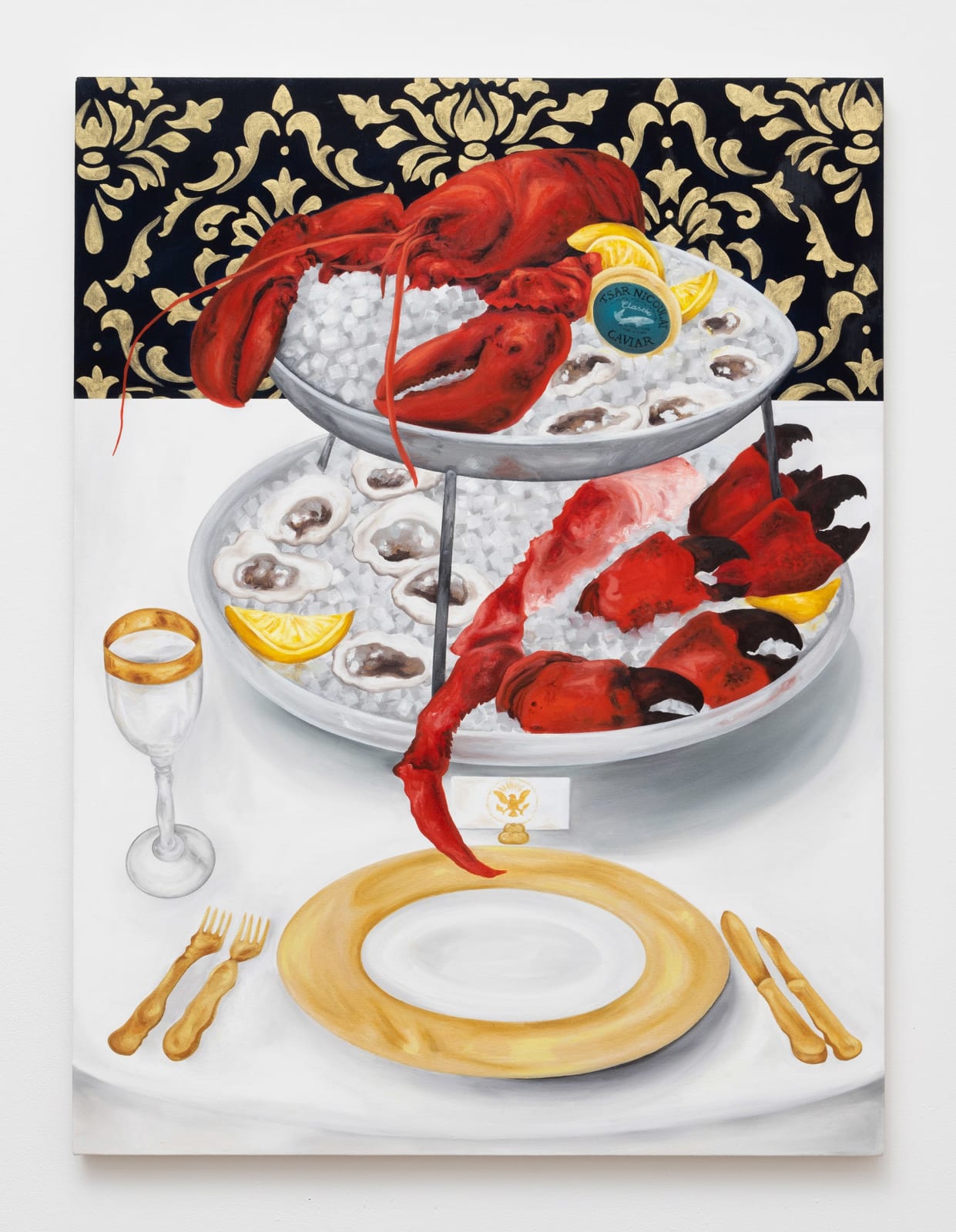 Painting of a two-tiered serving stand with lobsters, caviar, oysters and lemon on ice next to an empty glass, a gold and white plate and cutlery and place card with the presidential seal. 