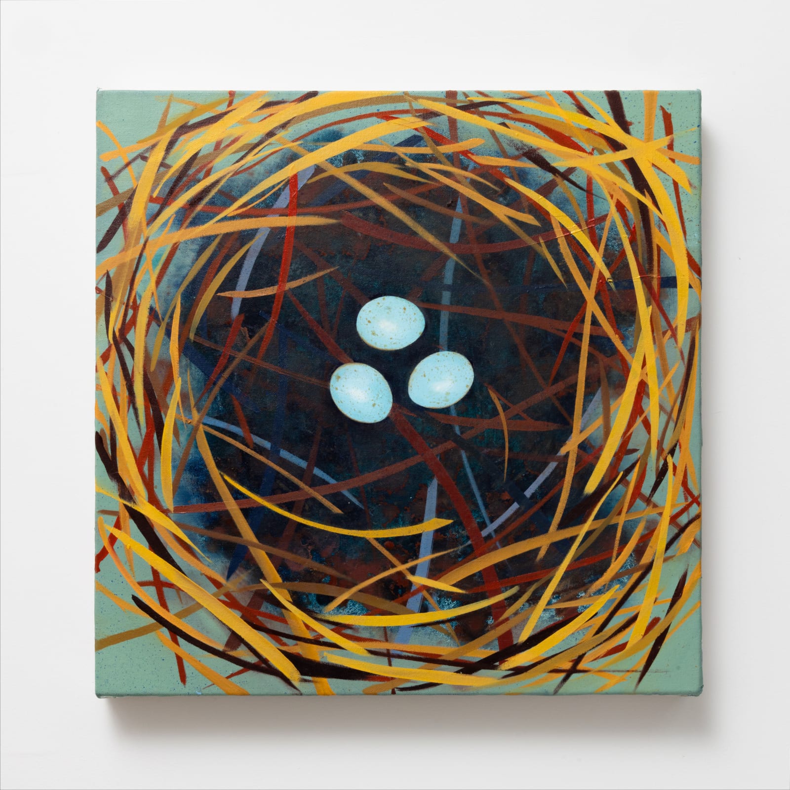 Painting featuring a close-up view of a nest with three blue eggs in the middle, against a spearmint green background. 