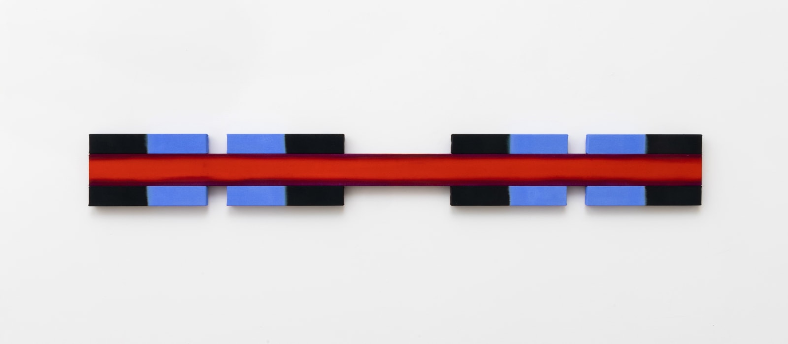 Horizontal shaped canvas painting stretched on nine wooden bars varying in length and colors of black, red, and blue.