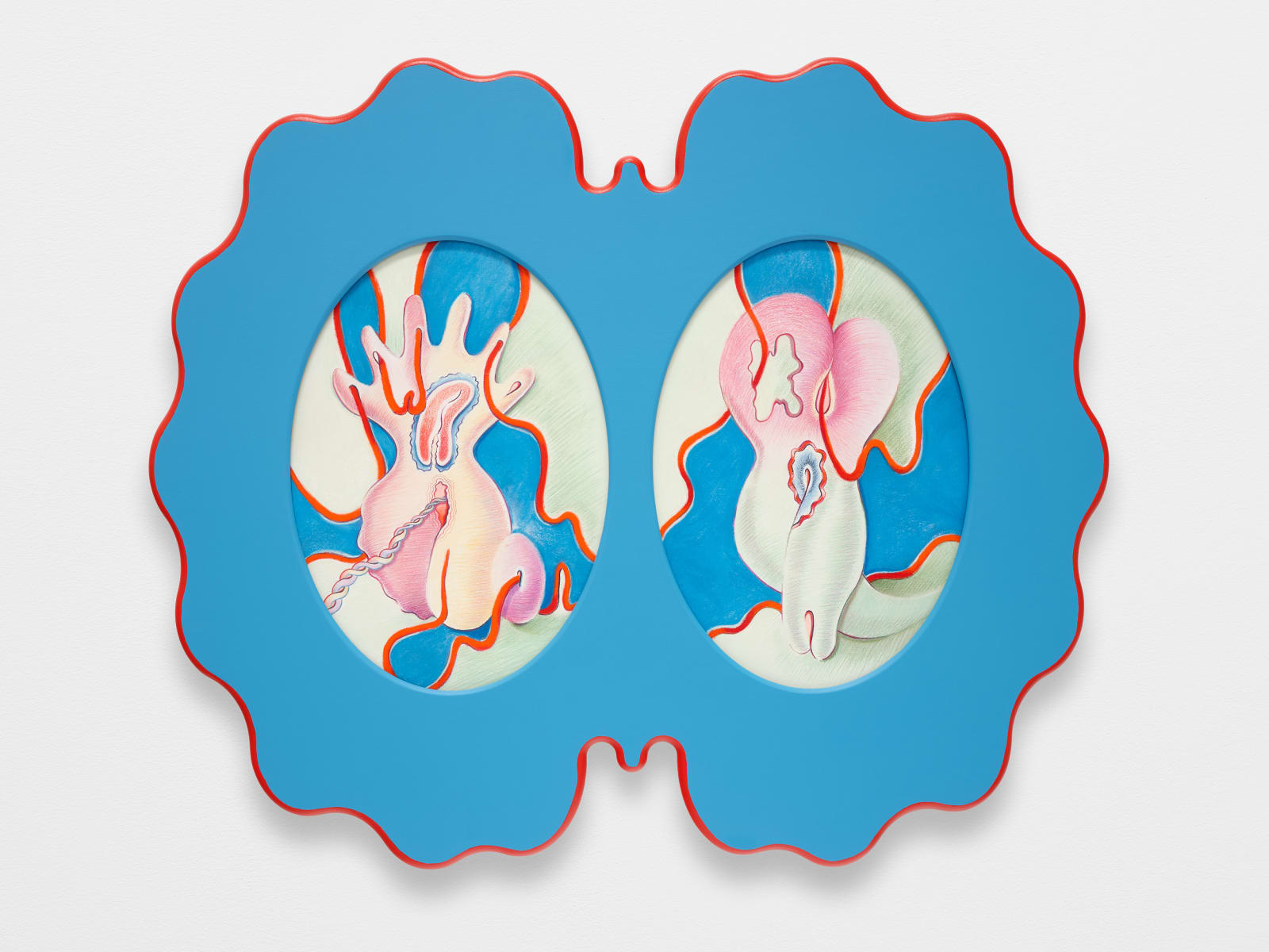 Pastel drawing showing braided umbilical cord penetrating a six- fingered shell while its twin’s upper lobe bears a<br>butterfly-shaped hole. The light blue and symmetrical curved<br>custom artist’s frame with bright orange outline is reminiscent<br>of bodily forms that are distinctly female.