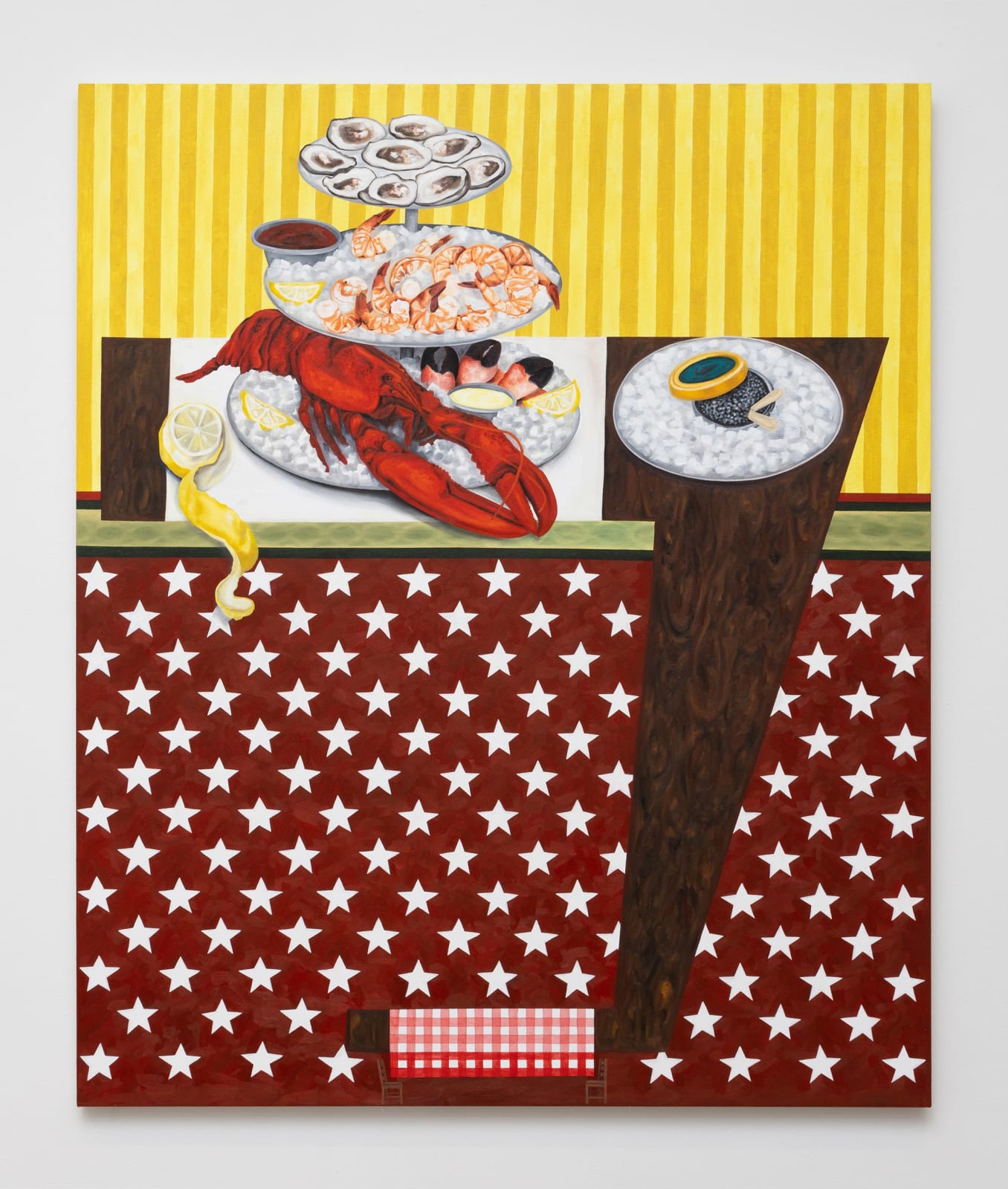 Painting featuring lobster, oyster, shrimp on tiered serving stand with lemon and caviar on a wooden table, in front of yellow striped and white stars on red background.