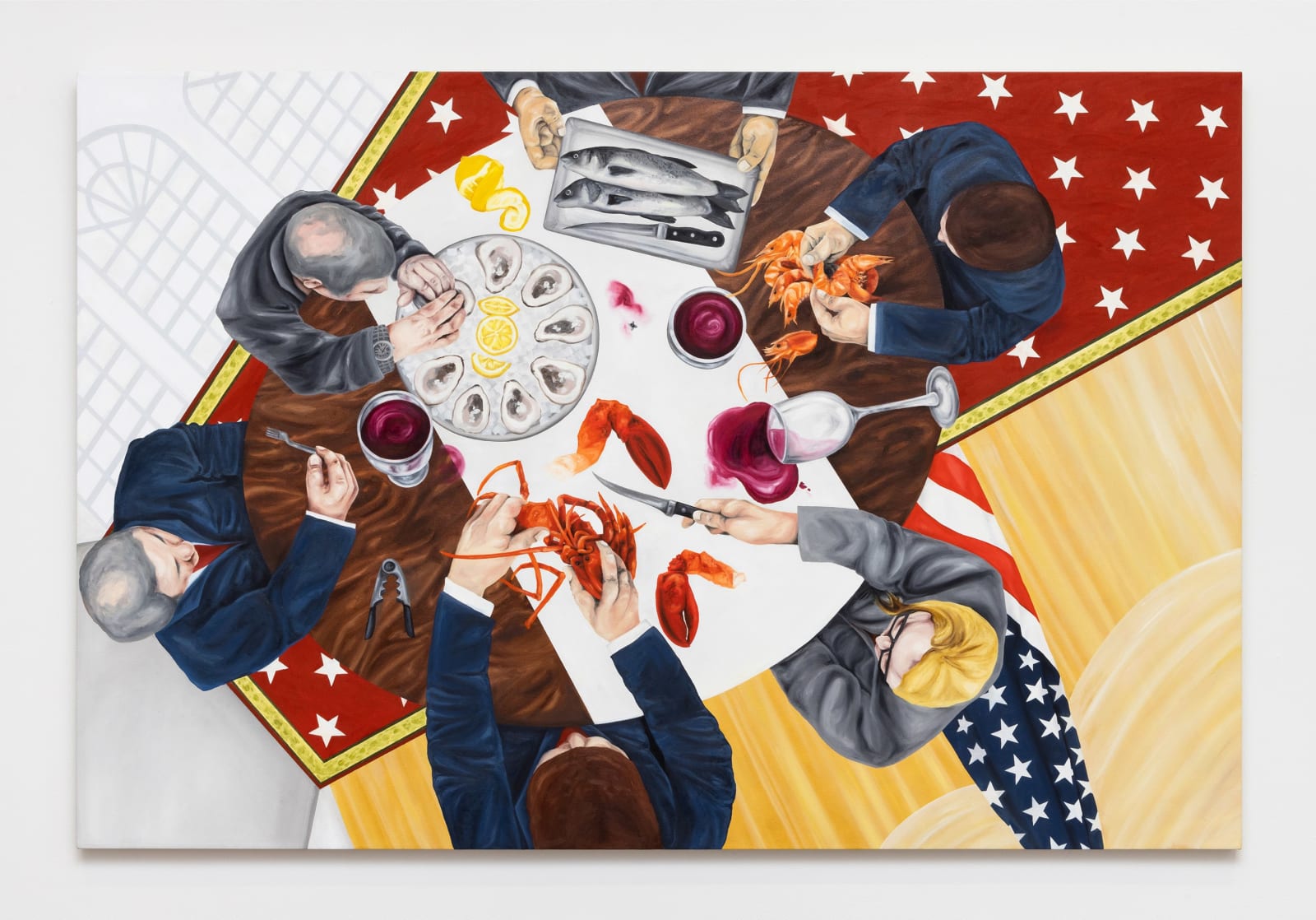 Painting of an overhead perspective of six politicians shelling shrimp, lobster, oysters, and fishes with the presence of a fly and spilled red wine at a round table next to an American flag. 
