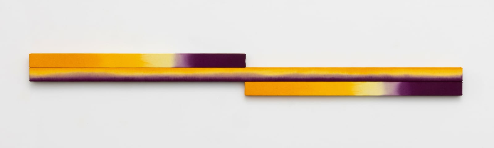 Horizontal shaped canvas painting stretched on three wooden bars varying in length and colors of orange, yellow, and purple.