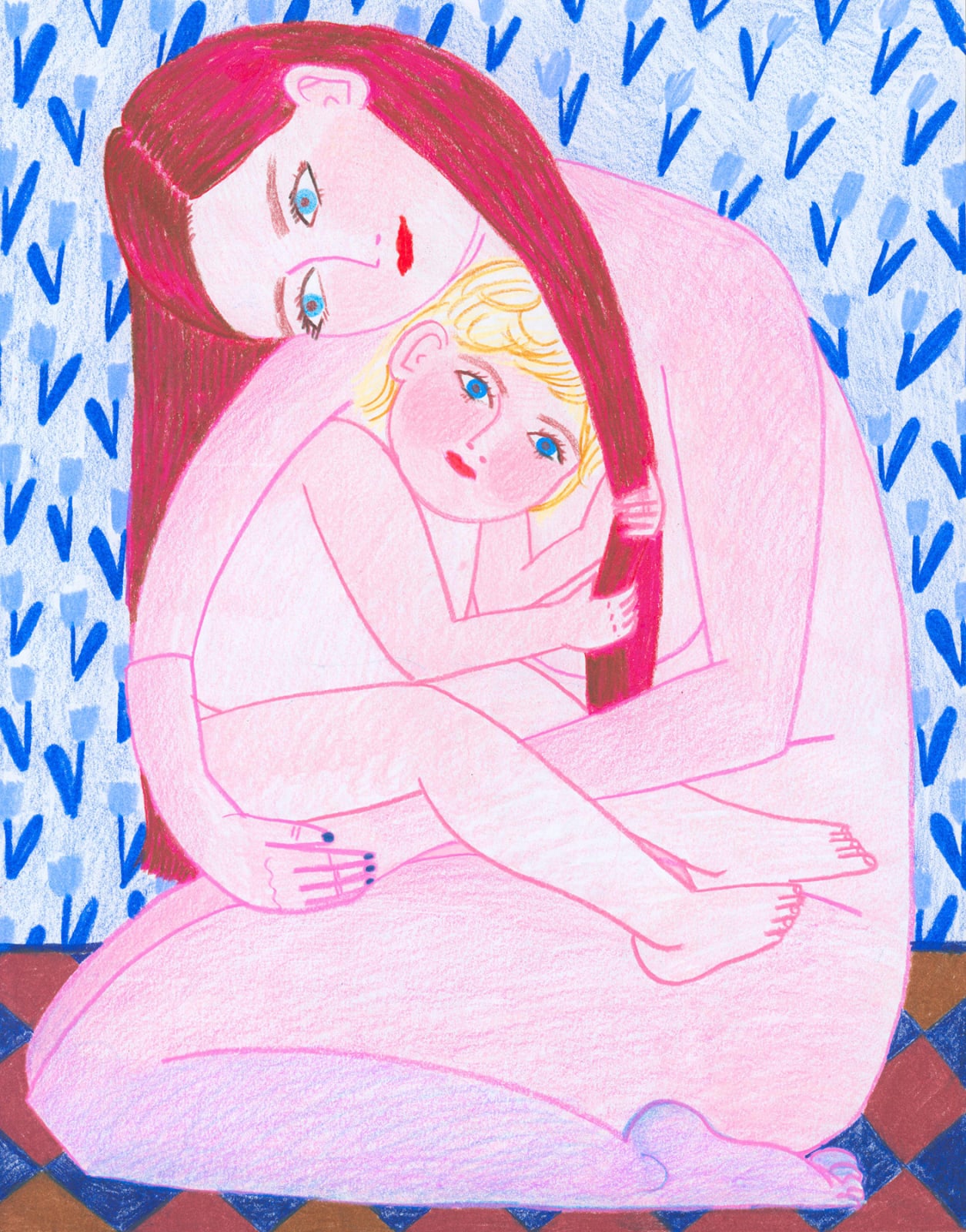 Drawing of the artist holding her child who is pulling at her long magenta hair against a blue patterned wallpaper ground. 