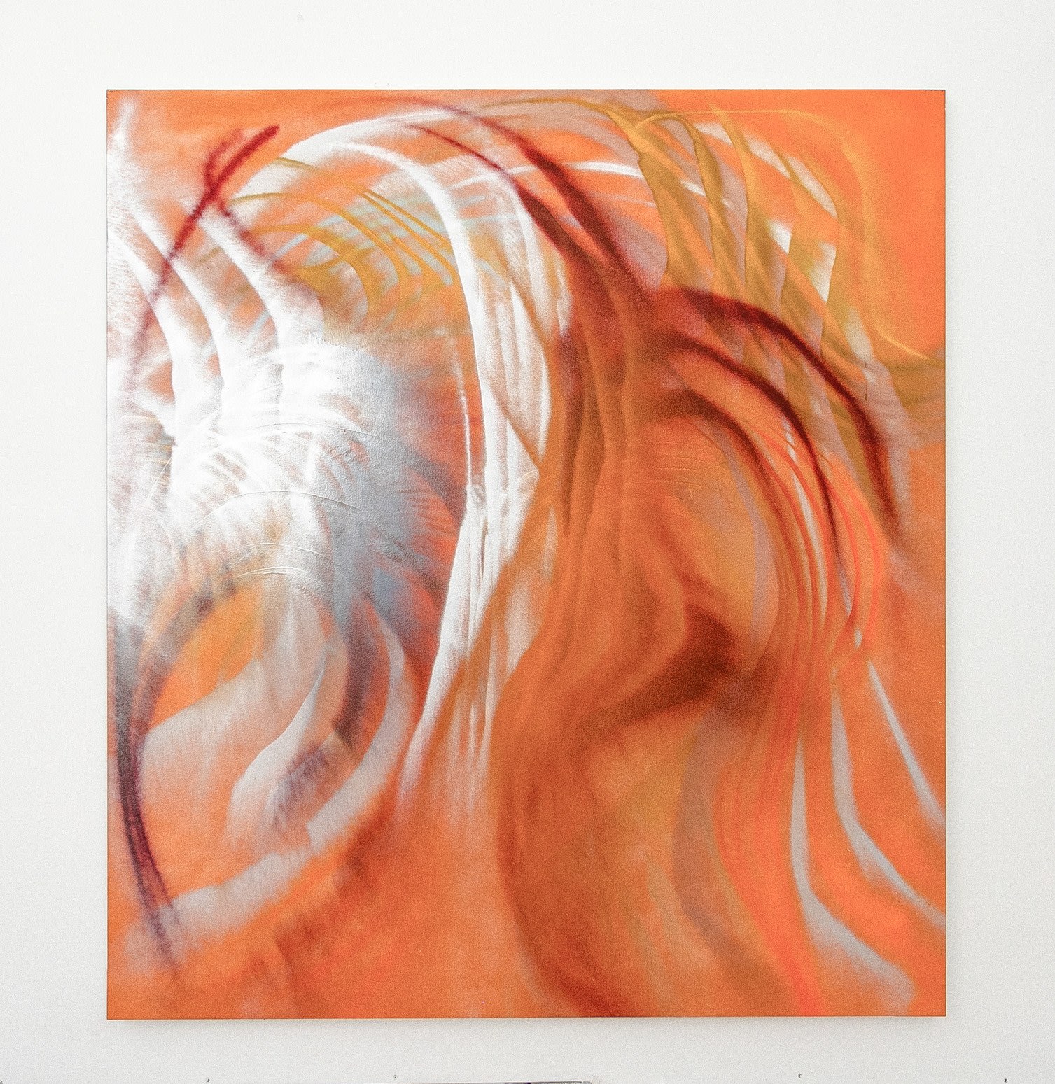 Painting showing a collision of abstract curvy lines in orange and white creating the illusion of the light source coming from the left.