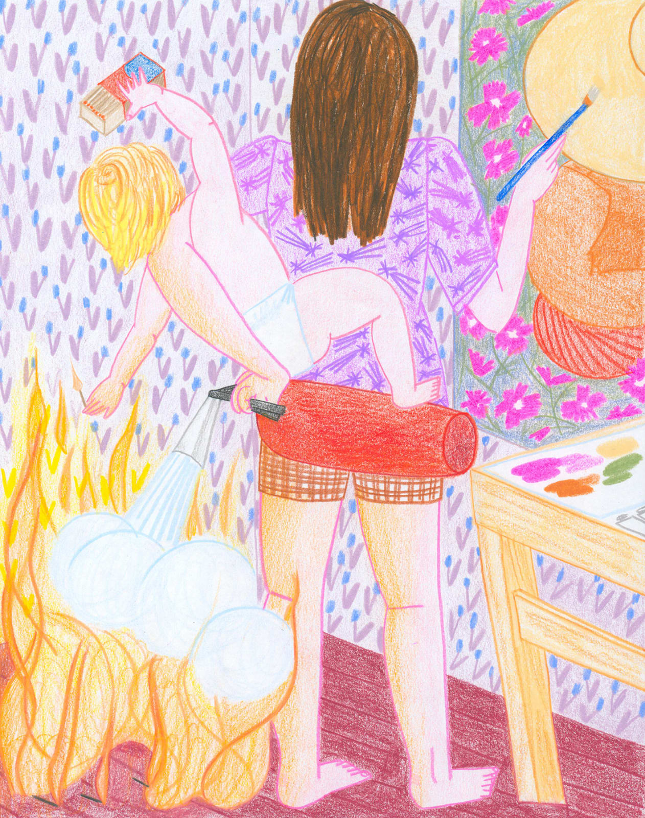 Drawing of the artist painting a picture while she simultaneously holds her child waving matches in the air. The artist uses the hand holding the child to extinguish a fire in the room as she paints. 