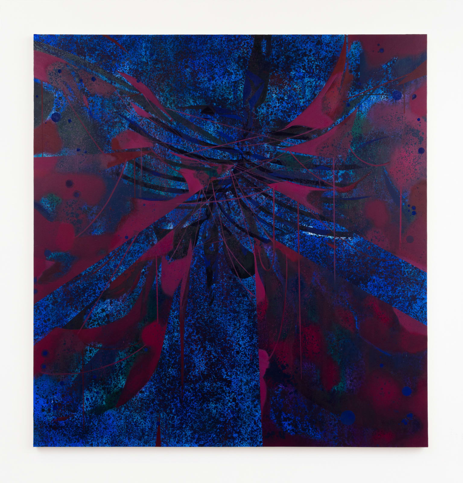 Painting featuring a dark blue setting with abstracted magenta wings threaded and connected altogether.