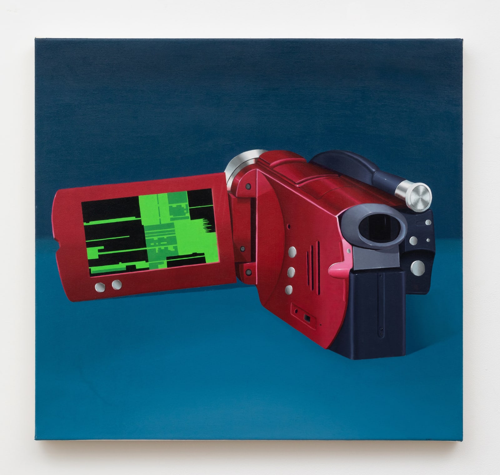 Painting portraying a red video camcorder against a blue background, with a glitchy screen of green and black pixelations.