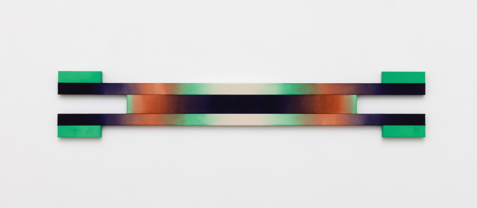 Horizontal shaped canvas painting stretched on seven wooden bars varying in length and colors of black, purple, orange, and green. 