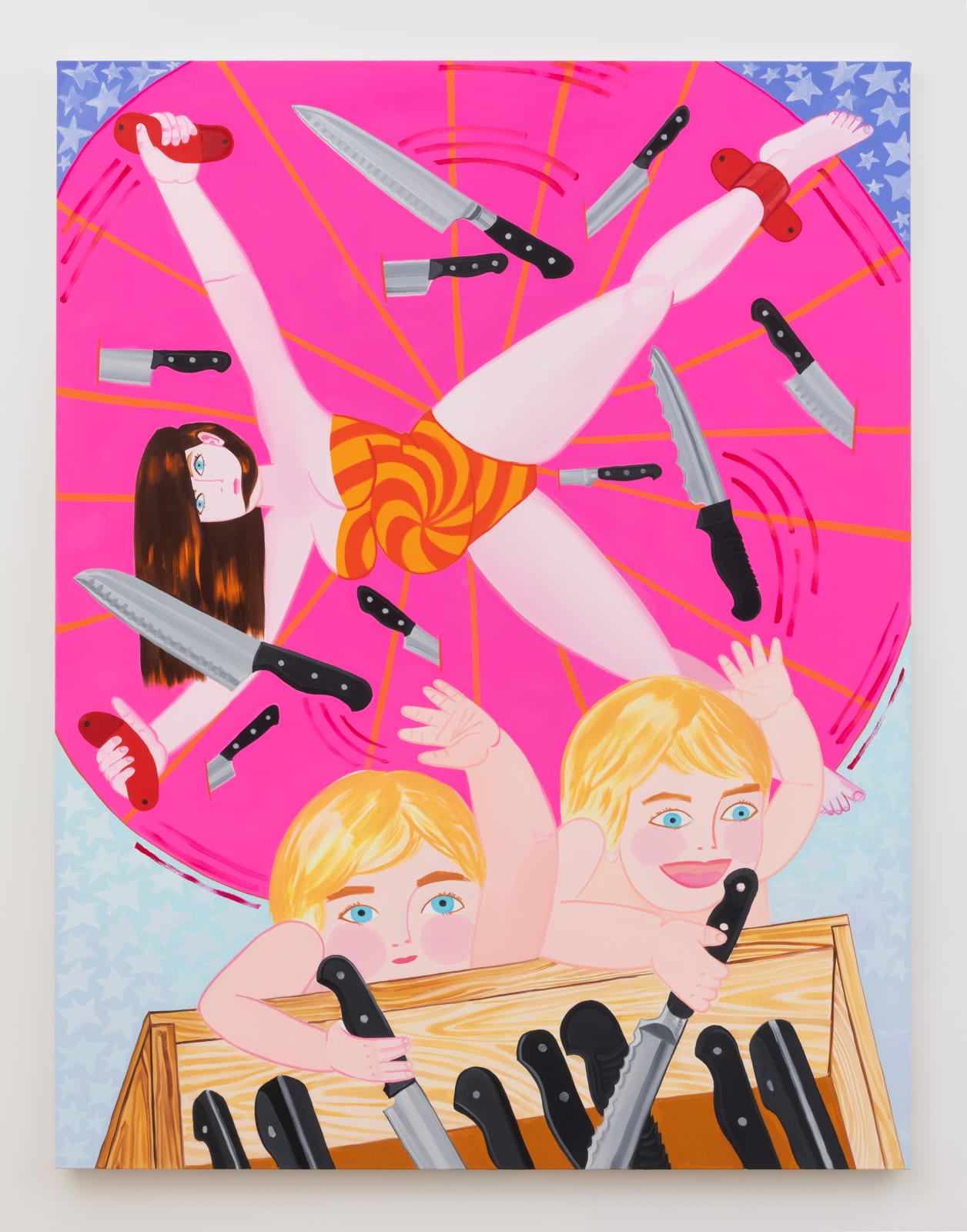 Painting of the artist strapped to a rotating, fluorescent pink wheel like that of a magician’s, as her two children throw a drawer full of knives at her.