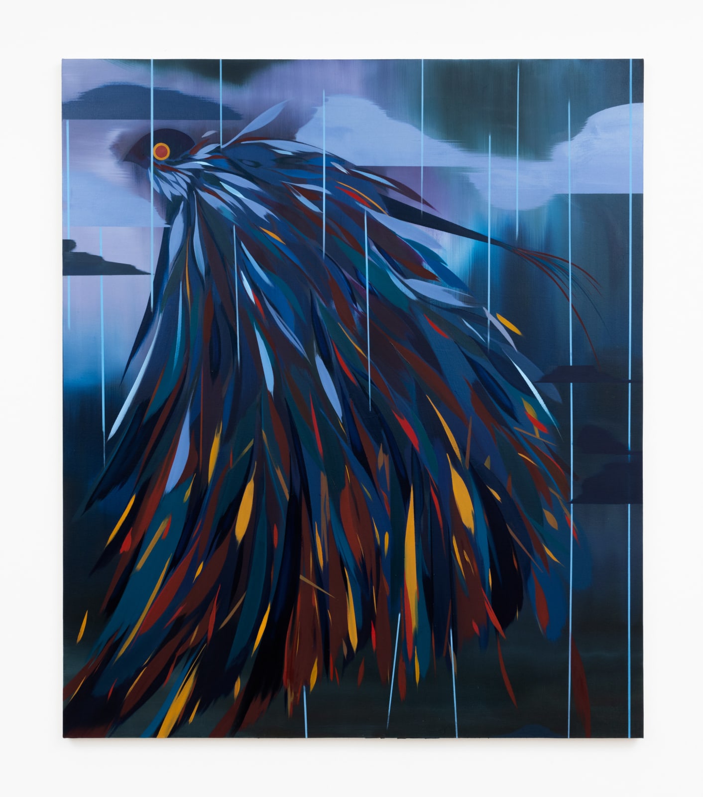 Painting featuring a bird figure with heavy wings, struggling to fly in a dark, gloomy rainy day.