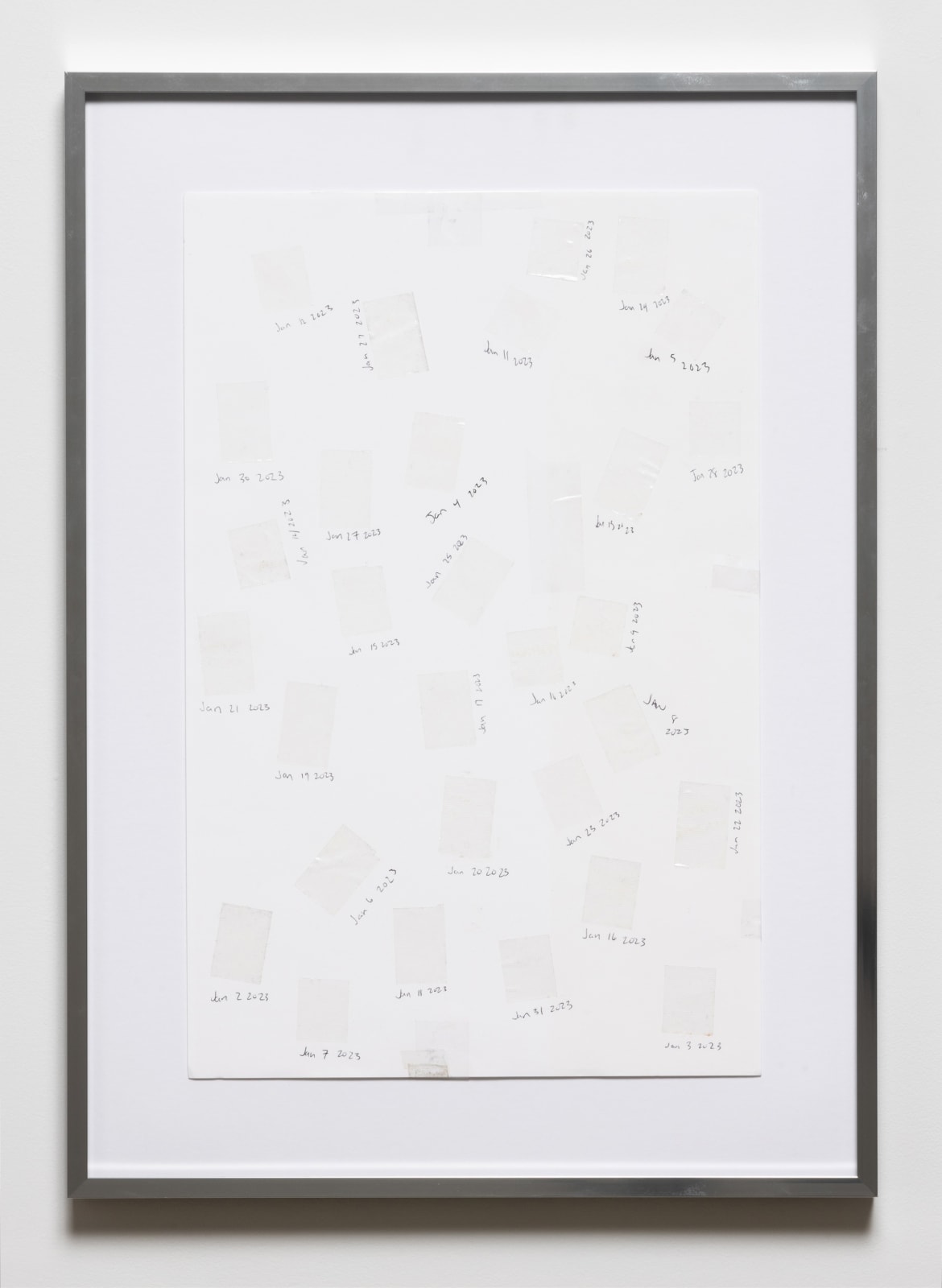 Framed work on paper with medical tapes worn by the artist when sleeping are adhered and marked by the date of use, for the entire month of January 2023. 