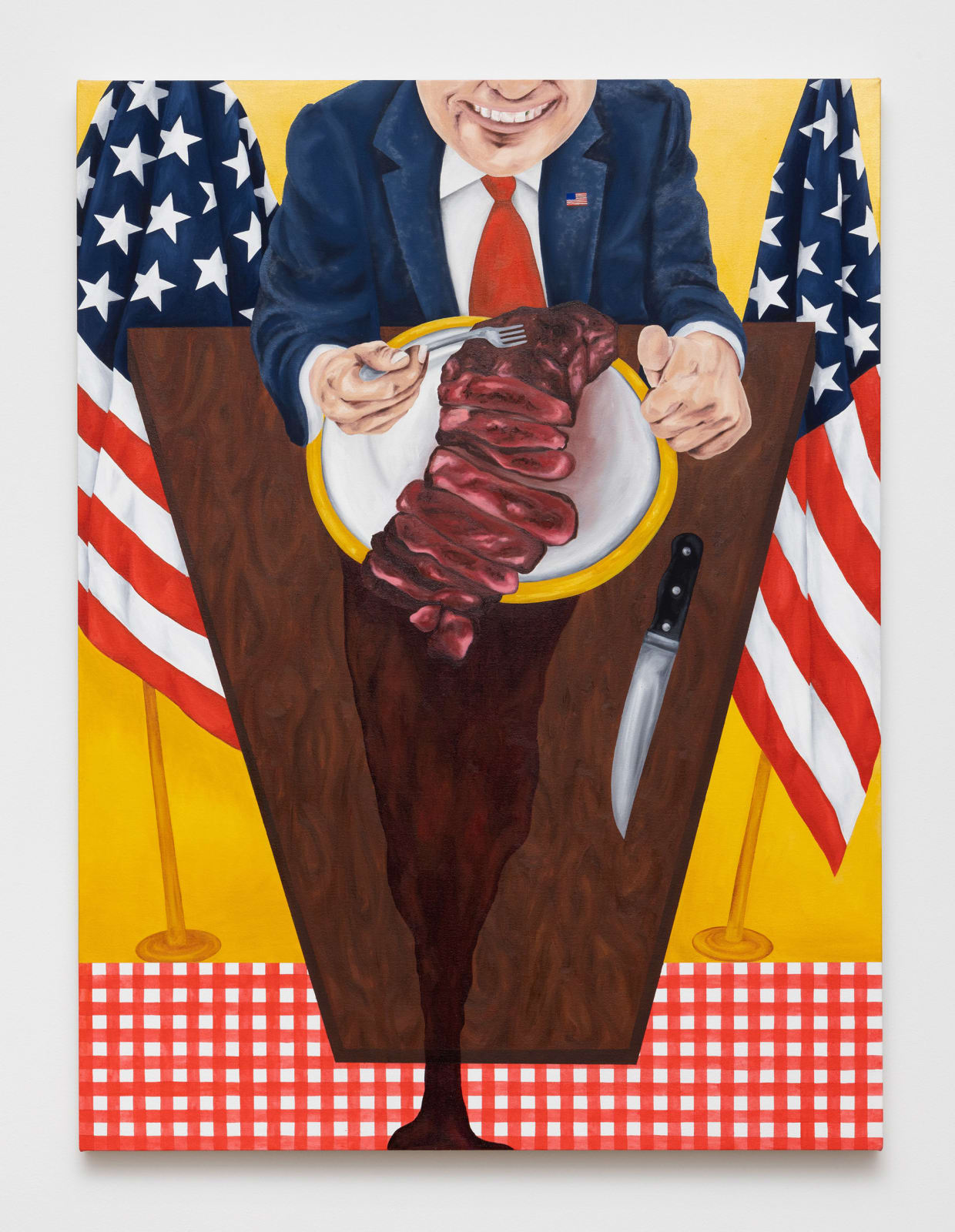 Painting showing a bird’s eye view perspective of a politician eating steak next to two American flags on top of a solid yellow and red stripes tablecloth pattern background. This perspective makes the tabletop resemble a lectern stand. 