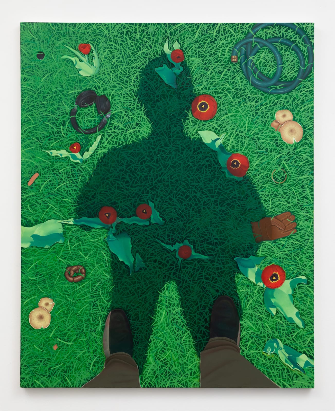 Painting showing a shadow of a male figure cast over a bed of green grass, mushrooms, tulips, feces, a headphone, and garden hose.