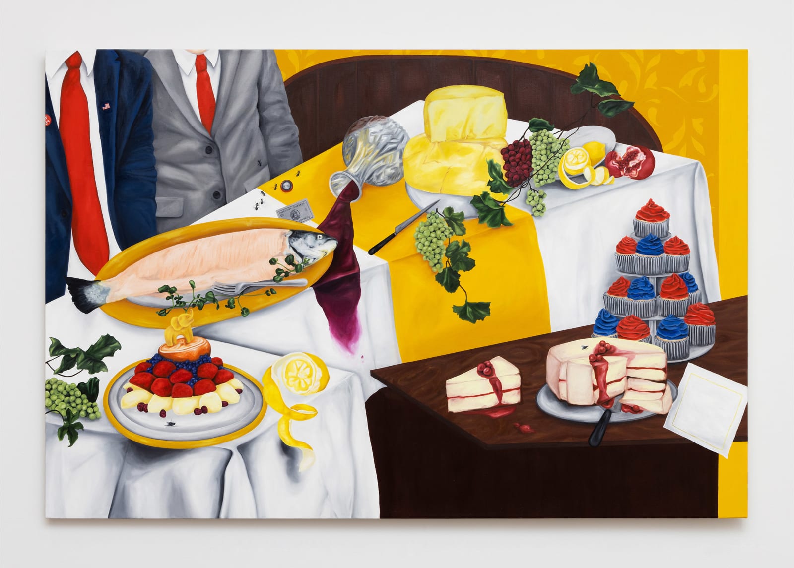 Painting of two politicians sitting next to tables serving skinned fish, wine, desserts, cheese, grapes, and fruit plate with golden elephant ornament surrounded by ants and flies.