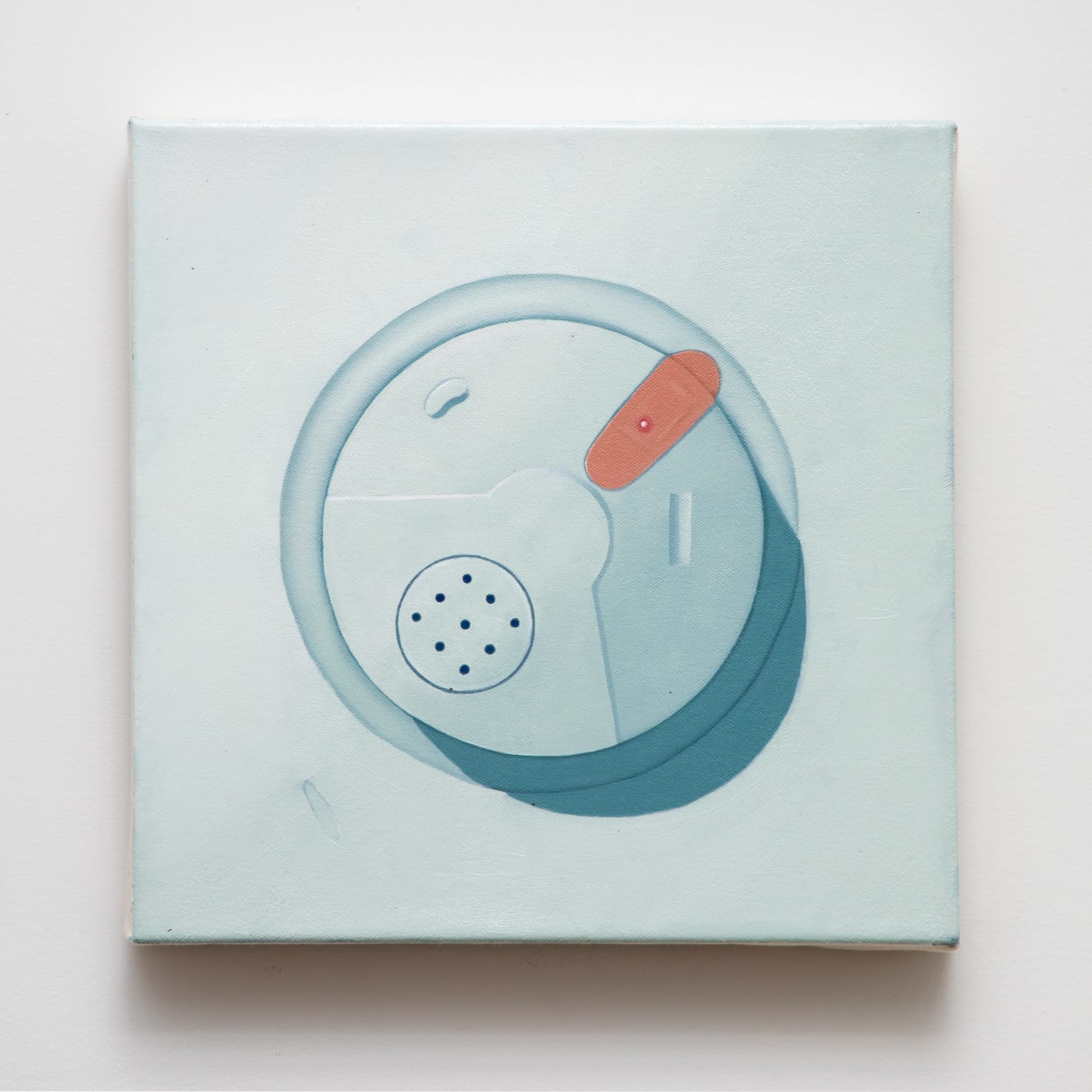 Painting portraying a band-aid placed over the light of a smoke-detector as the action of disregarding warning signs.
