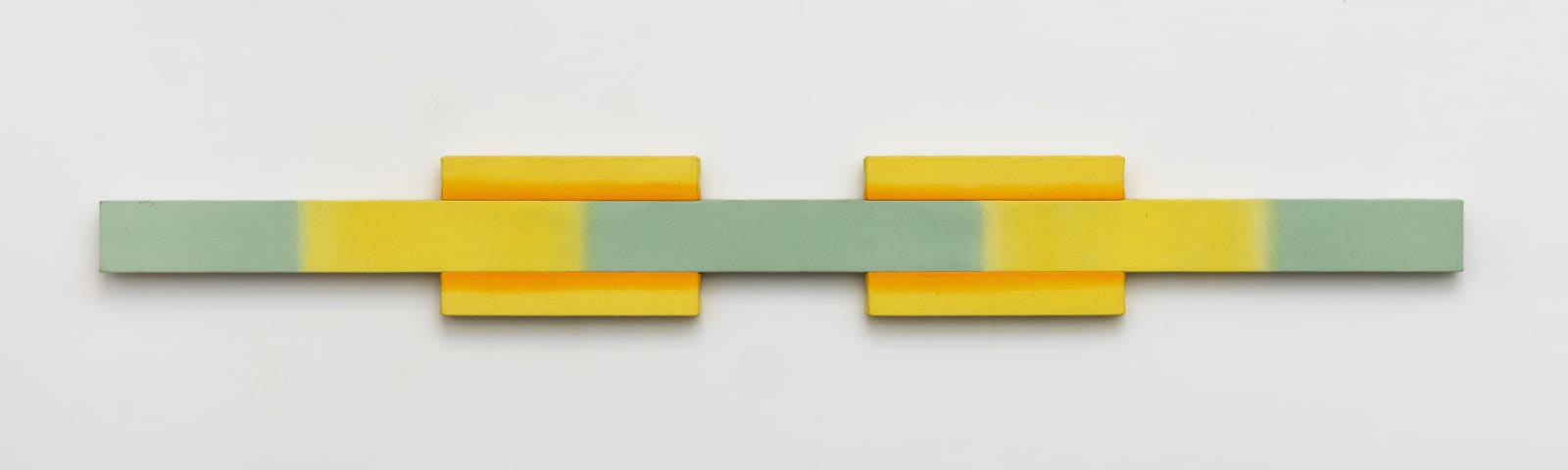 Horizontal shaped canvas painting stretched on five wooden bars varying in length and colors of yellow, orange, and mint green.