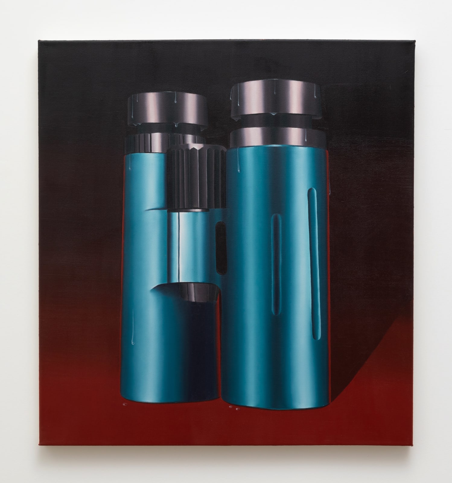 Painting portraying a pair of metallic blue binoculars against a dark burgundy background, with tears or sweat dripping down is form.