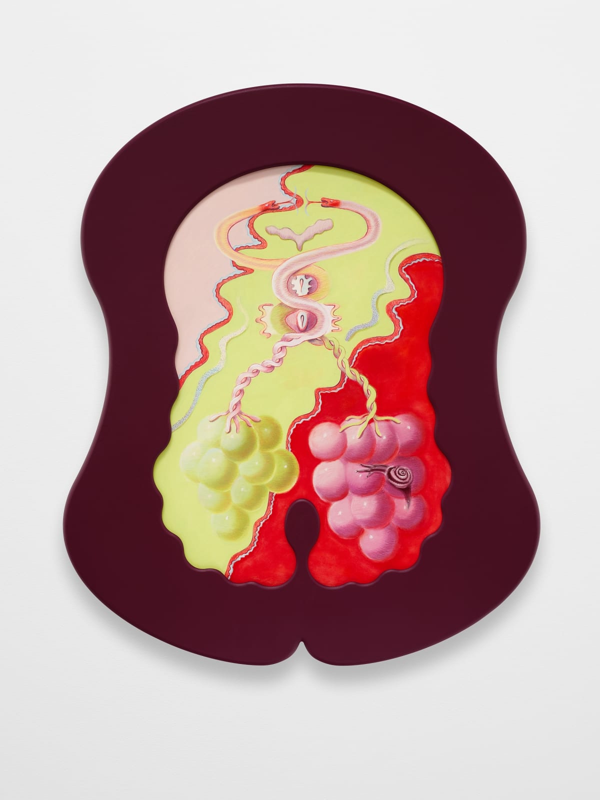 Pastel drawing showing two bunches of snail-infested grapes for ovaries. The dark maroon and symmetrical curved<br>custom artist’s frame is reminiscent of bodily forms that are<br>distinctly female.