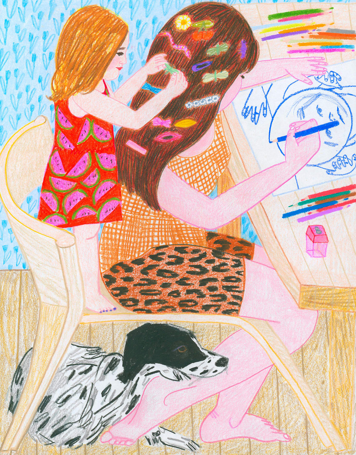 Drawing of the artist seated at a woodDrawing of the artist seated at a wooden desk making a drawing of a child with a blue pencil, while her daughter, who is wearing a bright watermelon patterned dress, applies an assortment of colorful barrettes to her mother’s hair. A black and white spotted dog lays underneath their chair and rests its head on mother’s foot.en desk making a drawing of a child with a blue pencil, while her daughter, who is wearing a bright watermelon patterned dress, applies an assortment of colorful barrettes to her mother’s hair. A black and white spotted dog lays underneath their chair and rests its head on mother’s foot.