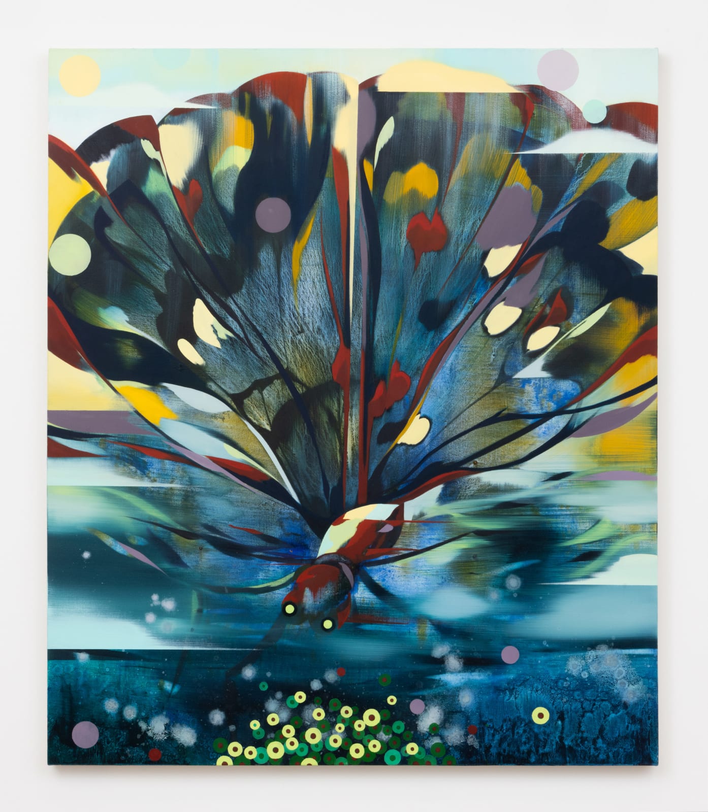 Painting featuring a dotted blue butterfly hovering over a body of water, looking over her neon green eggs. 