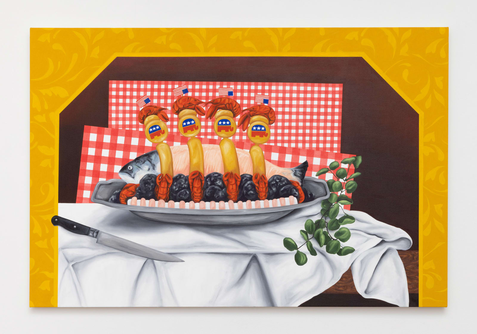 Painting featuring a plate of skinned fish between a knife and a eucalyptus branch on top of a table viewed through an ornated golden arch. The fish dish is decorated with lobsters, four golden republican elephant campaign pins.