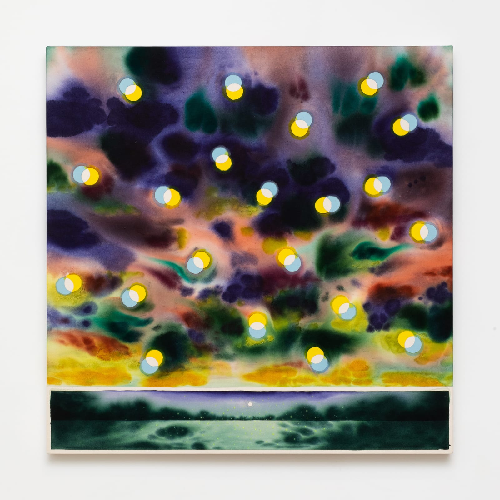 Painting showing a landscape looking at the sea and the sky at dusk filled with pattern of paired intertwined circles in blue and yellow, resembling lightning bugs.