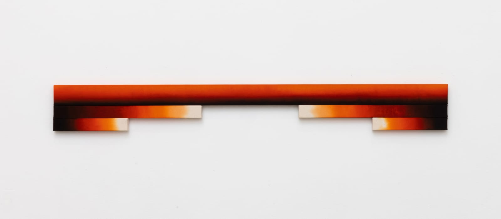Horizontal shaped canvas painting stretched on five wooden bars varying in length and colors of red, black, orange, and white.
