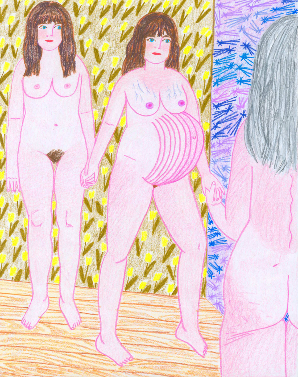 Drawing of the artist represented as three naked women of different ages from young to old, all holding hands and facing different directions in a patterned room. The woman in the middle is pregnant with stretch marks on her stomach and breasts holding hands with the other two facing forward and the other from behind. 
