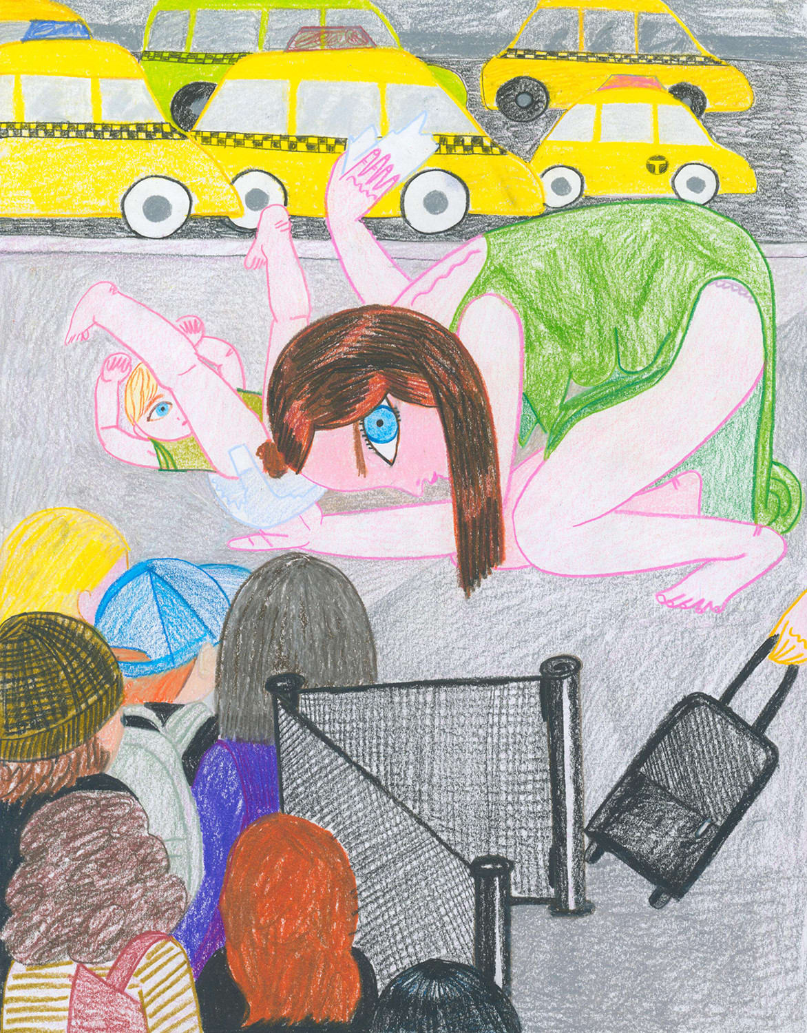 Drawing of the artist changing her child’s diaper on the curb in front of people standing in the yellow taxis stand at JFK airport. 