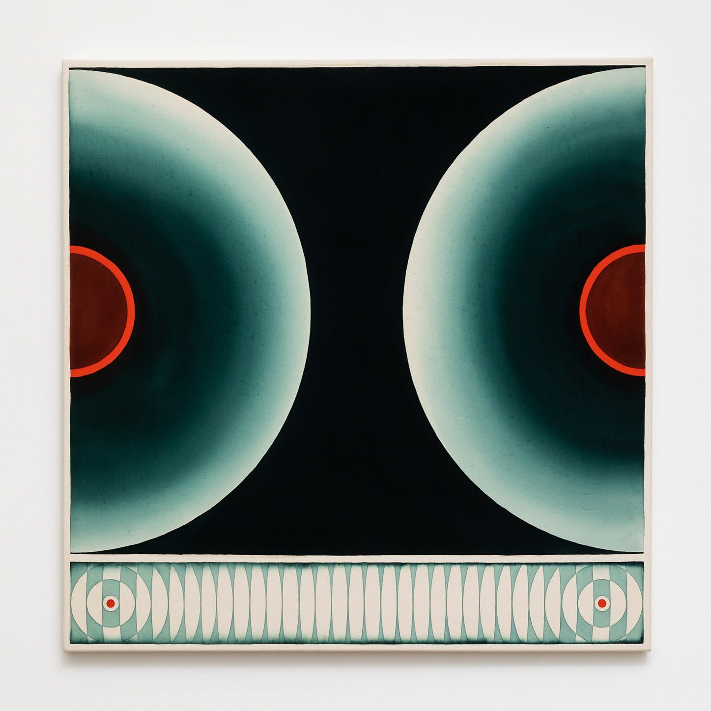 Painting featuring a symmetrical composition of two semi circles in white, viridian, and red center against a dark background.