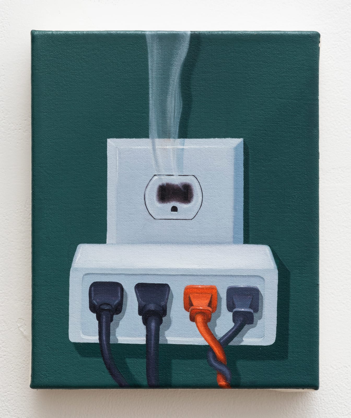 Painting portraying an electric outlet with an extension port for four cables, one of which is orange and entangled with another black cord. Smoke comes out of the top port.