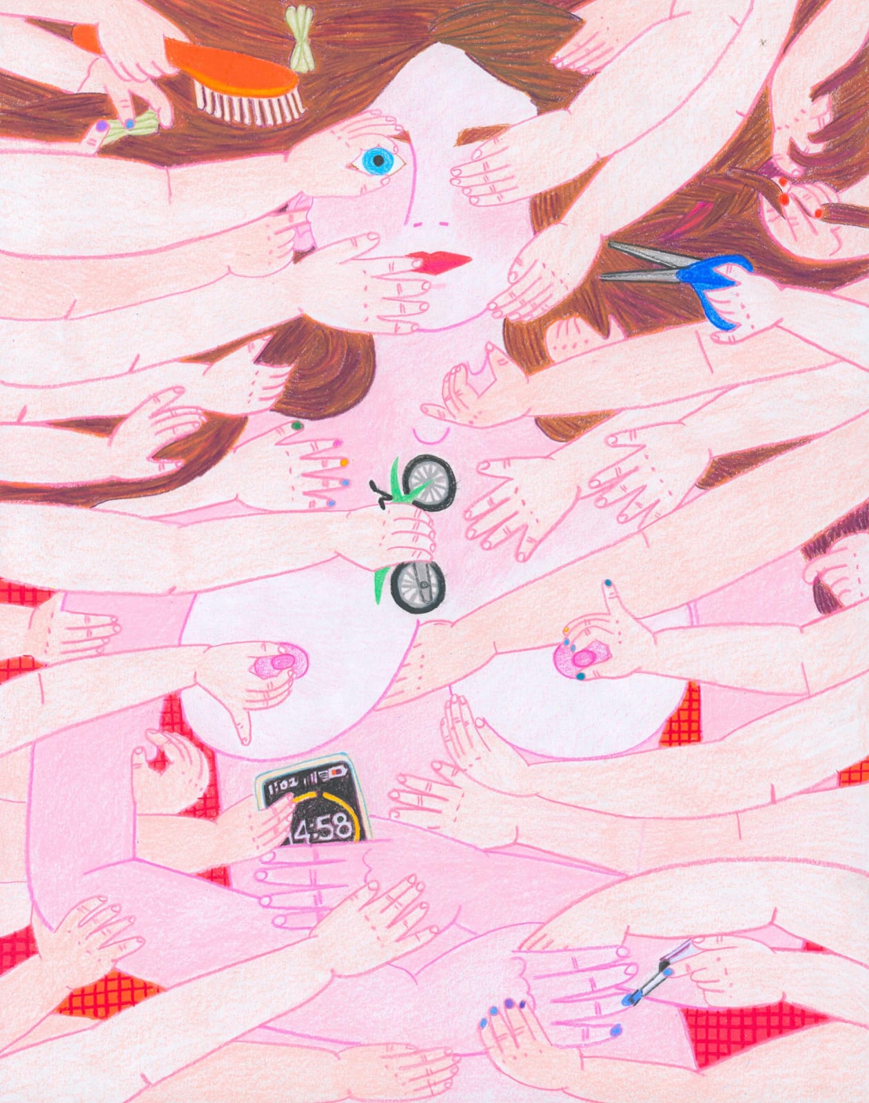 Drawing of the artist as she lays naked clutching her phone set on a timer, as her nap is interrupted by several childlike hands touching her face and breast. A bike, scissors, barrettes, and hairbrush are held by the children’s hands against the artist’s pink body.  