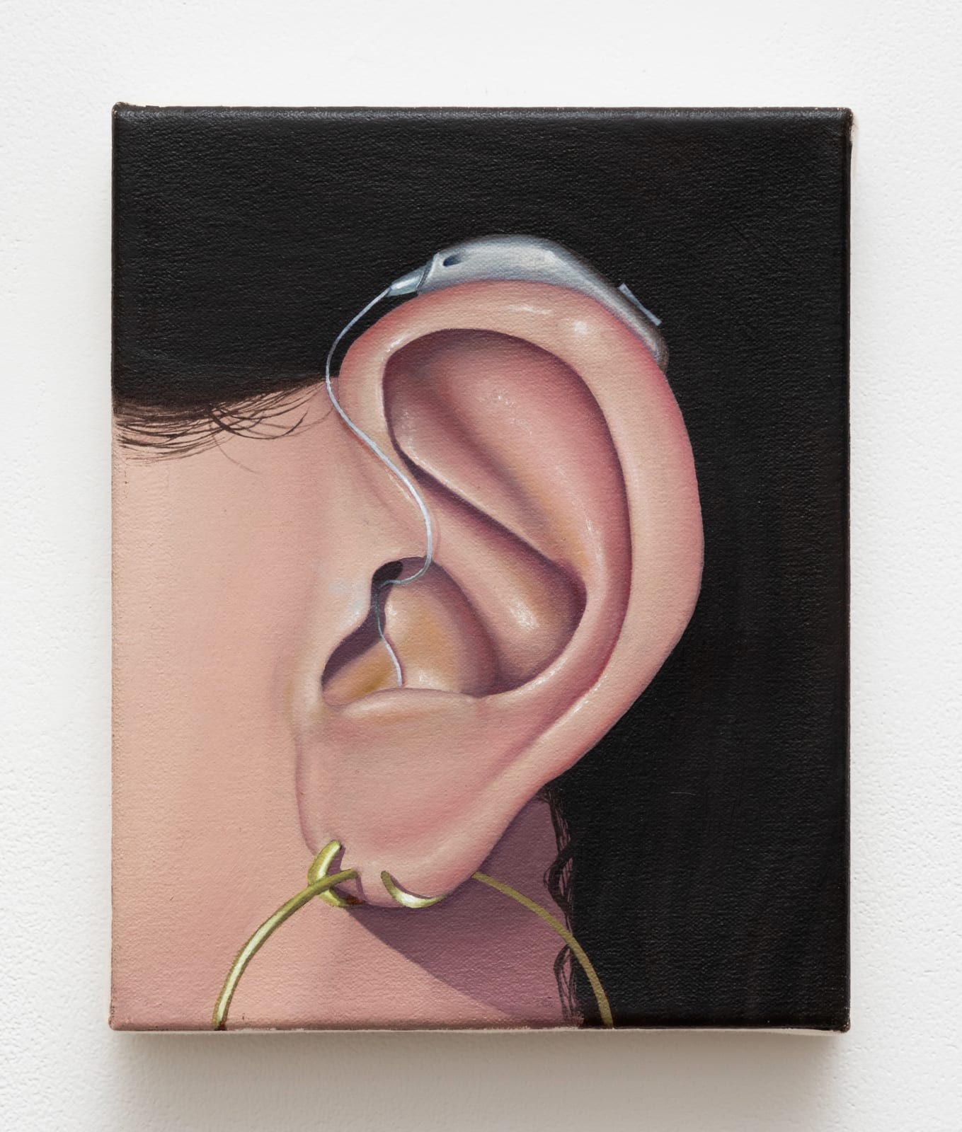 Painting portraying a close-up view of a female’s left ear with hearing aid in the center of the composition.