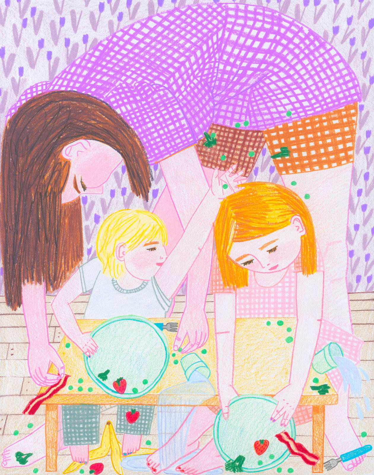 Drawing of the artist helping her two children clean dishes with food and water spilling across the table. 