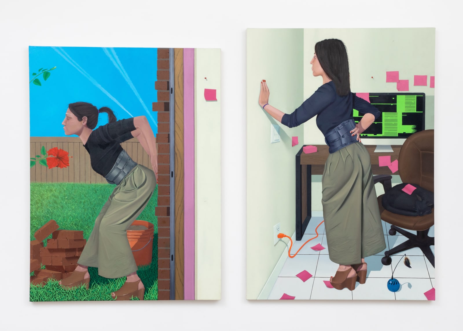 Diptych paintings showing a young woman in each, one in an outdoor setting leaning against or supporting a brick wall, while the other indoors next to her workstation placing her hand against the wall towards the other.