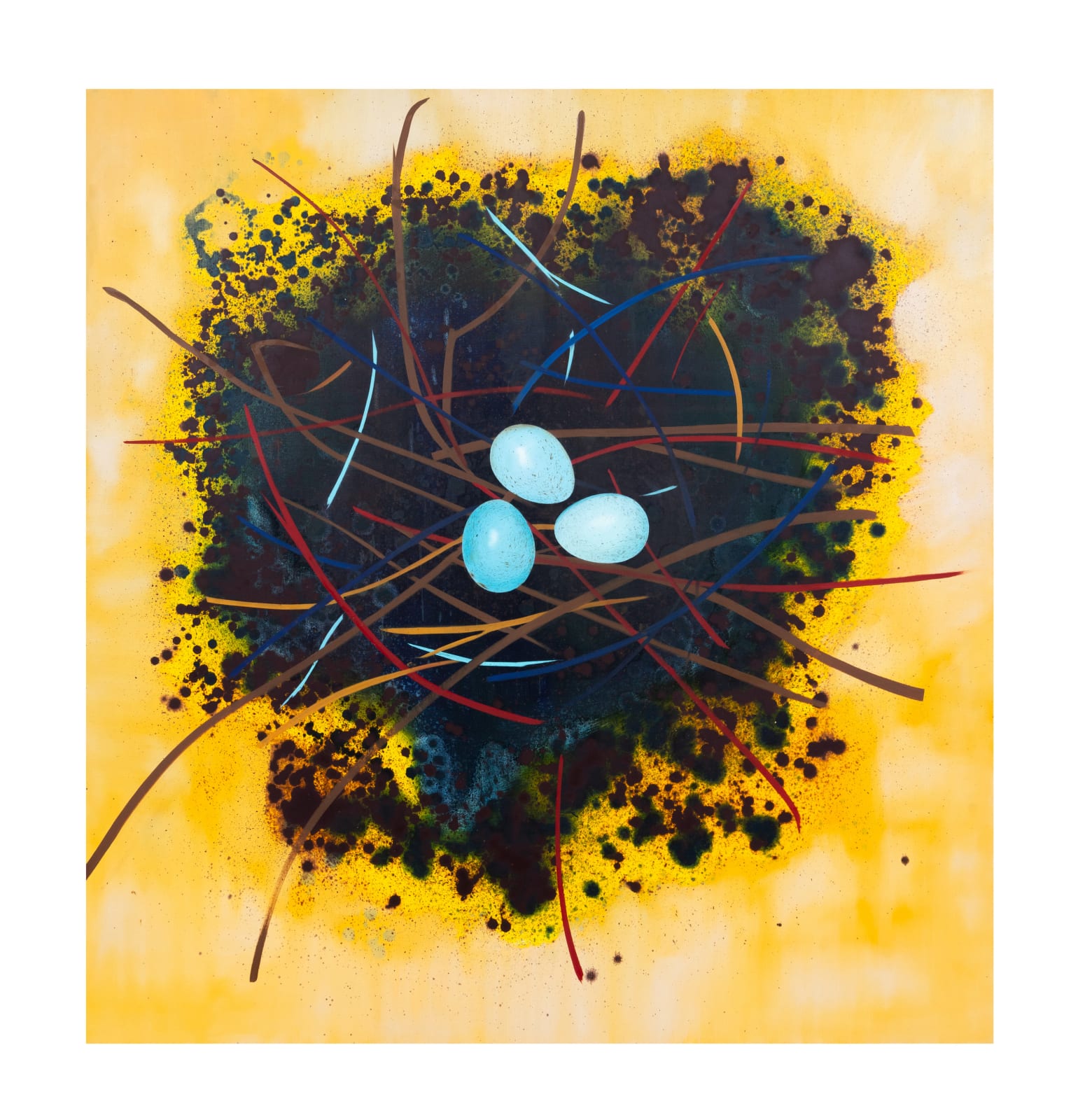 Painting featuring a dark nest containing three blue eggs against a yellow background.