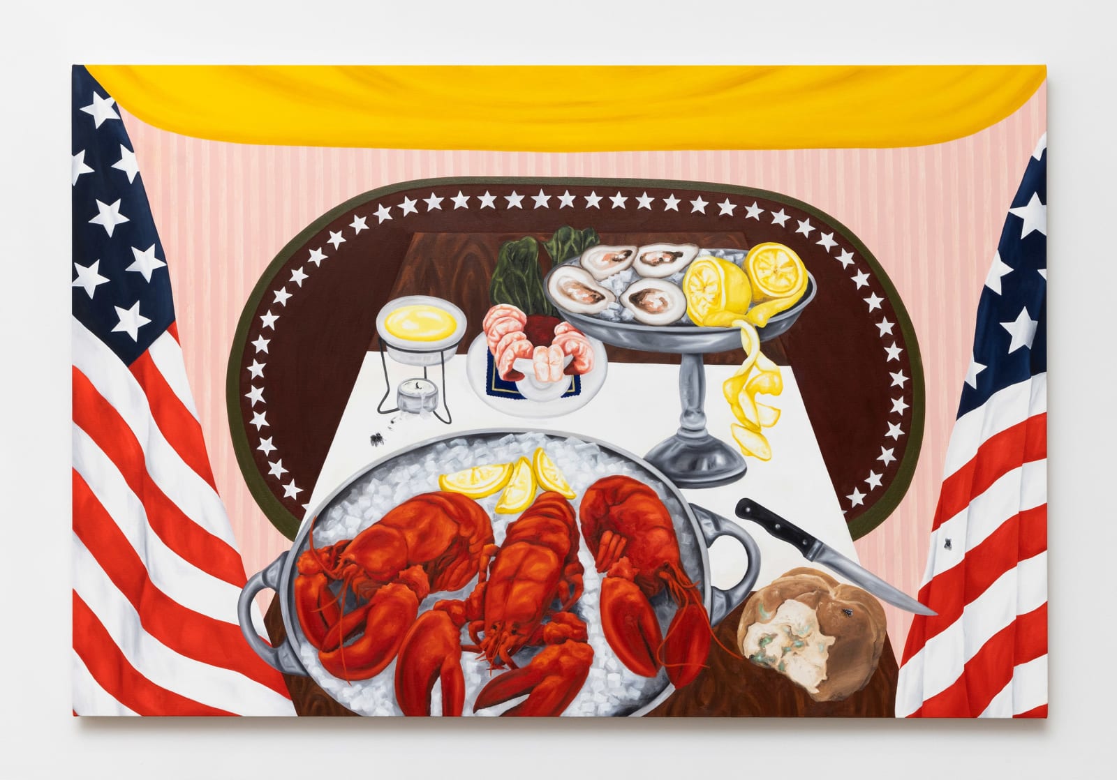 Painting featuring lobster, oyster, and shrimp platters with moldy bread and two flies on a white table flanked by two American flags, in front of pink striped background and a star outlined brown ellipse.