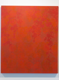 Several silkscreen layers of multiple red vegetal patterns overlap on panel