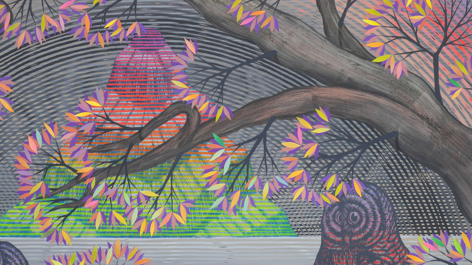 Andrew Schoultz, Electric Mountain in Grey Landscape (Two Owls), 2025