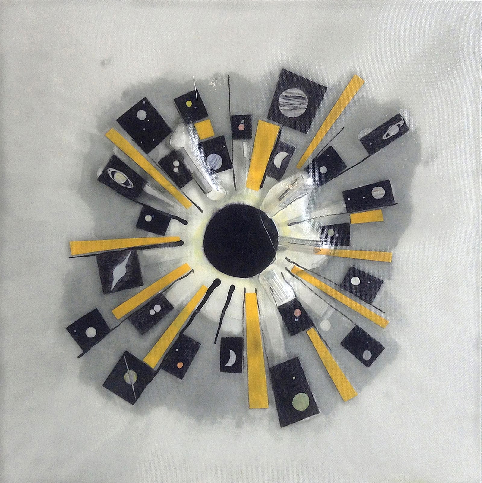 Yellow gray and black geometric mixed media piece inspired by coronagraph imaging At the center of the piece a black painted circle is surrounded by various bursting rays made out of cut out astronomical black ballpoint pen drawings, strips of found plastic, and lines of black and yellow paint. The entire piece is covered in a textured bio-resin