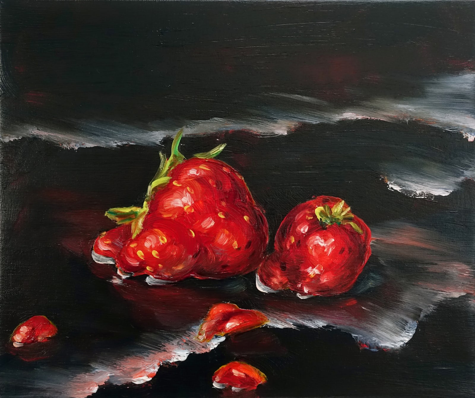 Three mushy strawberries against black background with blurry gray wave-like shapes.