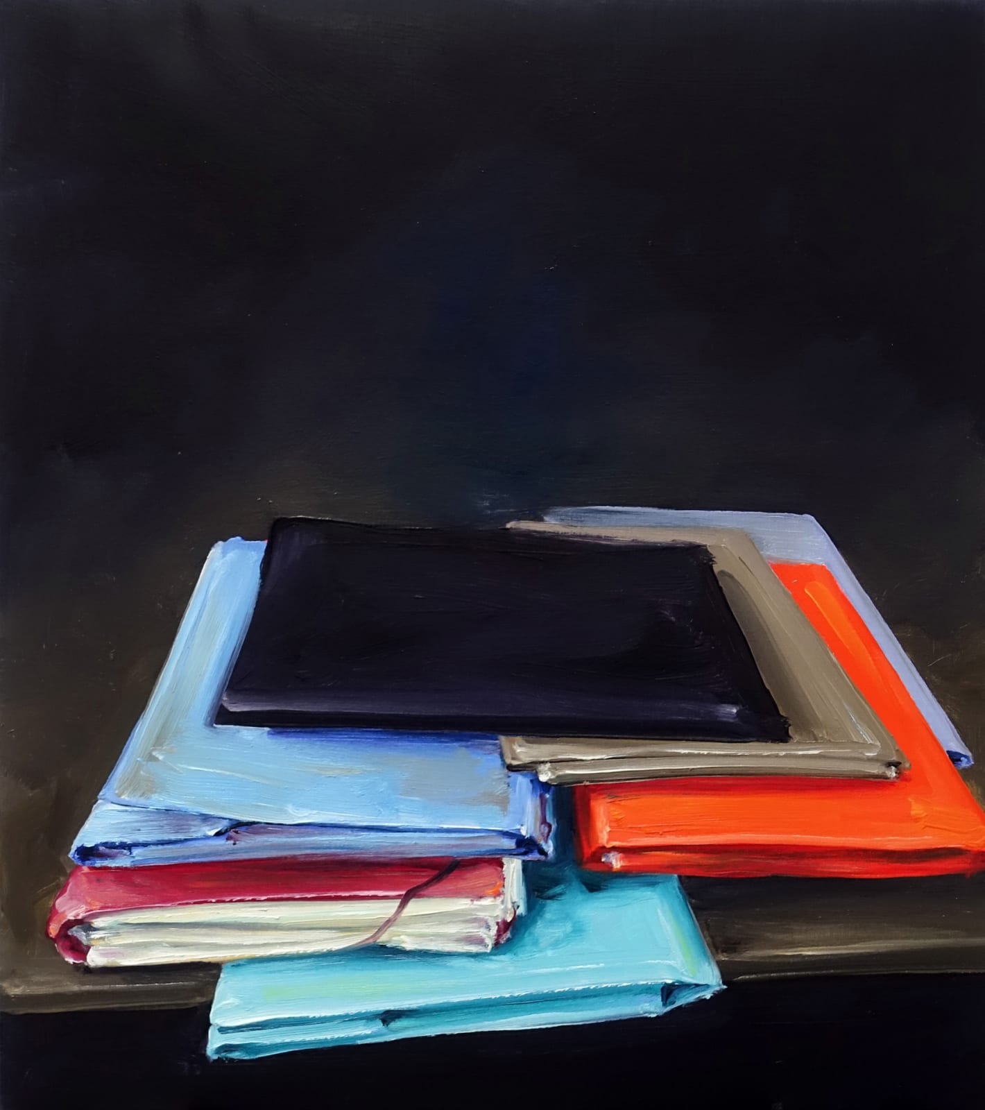 Disorganized stack of colorful stuffed file folders (in orange, blue, black, gray and red) against black background.