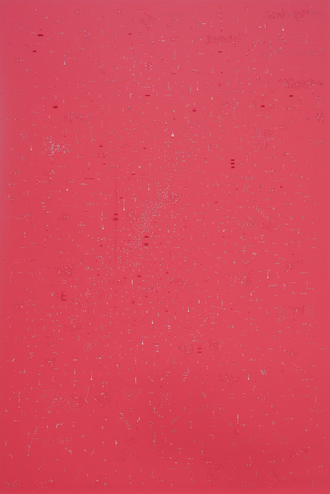 A red vertical rectangle with white, black, and red 1D and 3D cutouts and flaps.